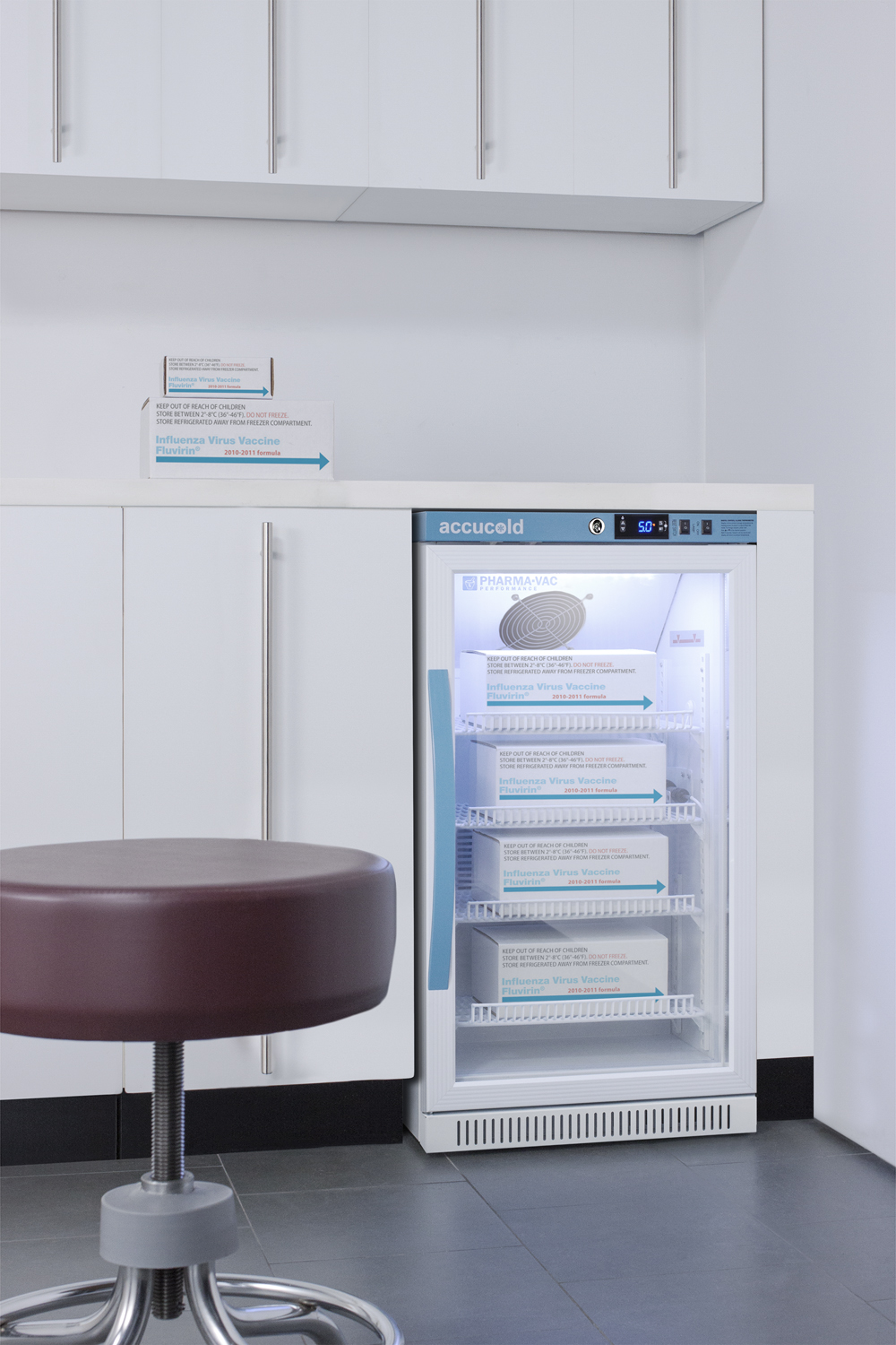 Performance series Pharma-Vac 2.83 cu.ft. ADA height glass door commercial all-refrigerator for the display and refrigeration of vaccines; designed for freestanding or recessed installation, with factory-installed data logger